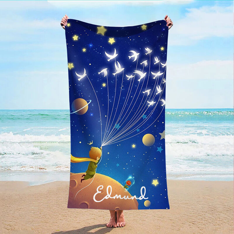 Personalized Name Bath Towel with Little Prince Starry Sky Decoration Beautiful Gift for Child