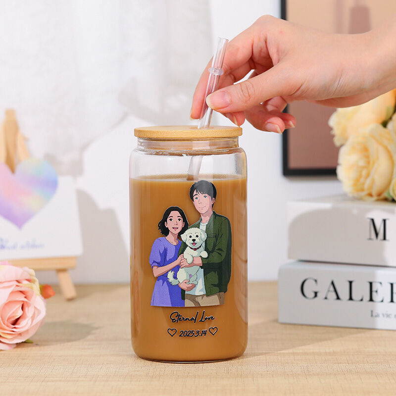 Personalisierte Bild Glastasse mit Deckel und Strohhalm Wunderbares Geschenk für die Familie