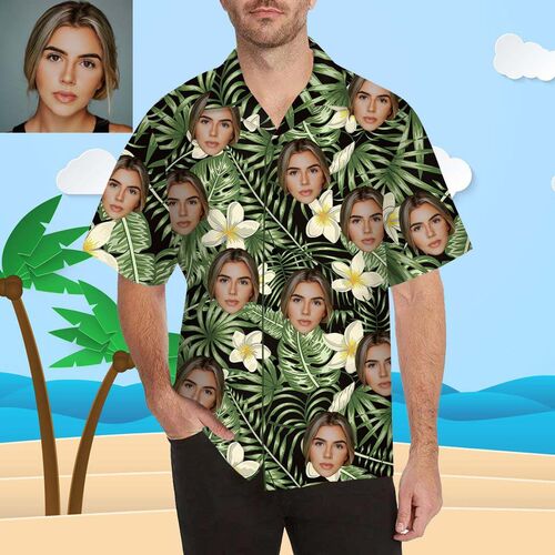 Individuelles Gesicht Blassgelbe Blüten und Blätter Herren Bedrucken Hawaii Hemd/Shirt