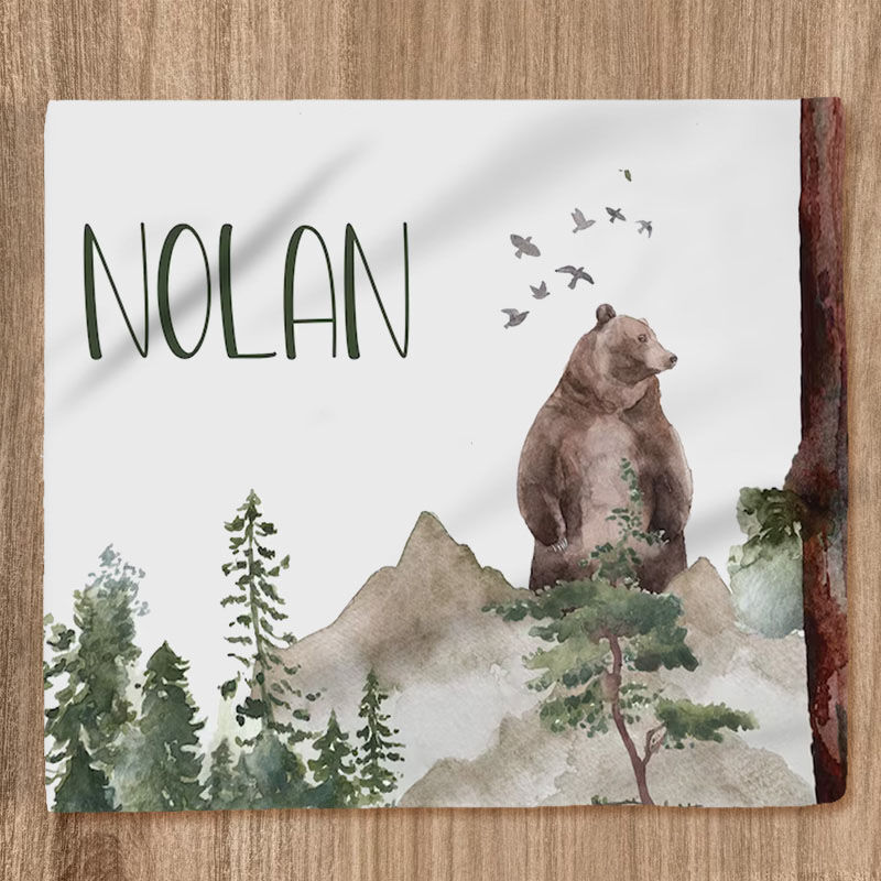 Personalized Name Blanket Woodland Bear Pattern Cool Present