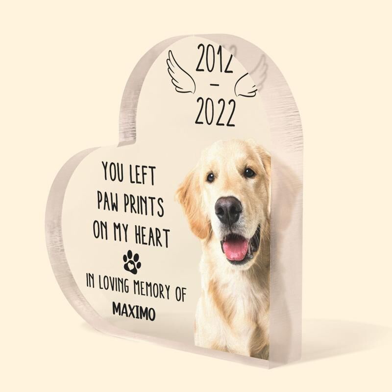 Personalized Heart Shaped Acrylic Photo Plaque Paw Prints On My Heart Memorial Gift for Pet Lover
