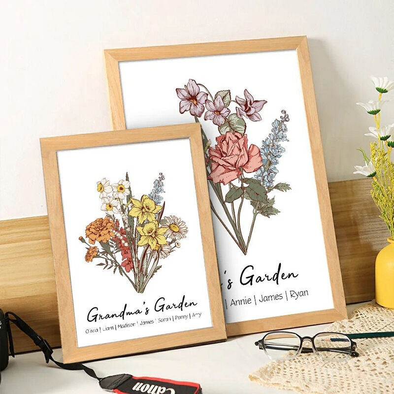 Personalized Birth Flower Frame with Custom Name Retro Style for Special Day