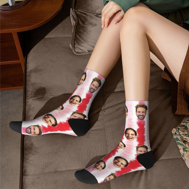 Customized Red Tie Dye Socks with Photo Printed Soft Socks for Couples