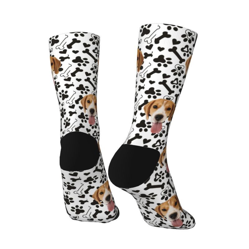 Calcetines faciales personalizables con fotos de mascotas y estampados de huesos blancos y negros
