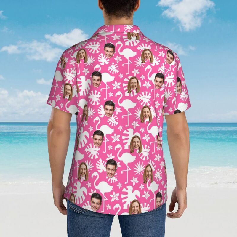 Camicie hawaiane personalizzate con viso bianco e fenicottero Unisex per coppie in vacanza