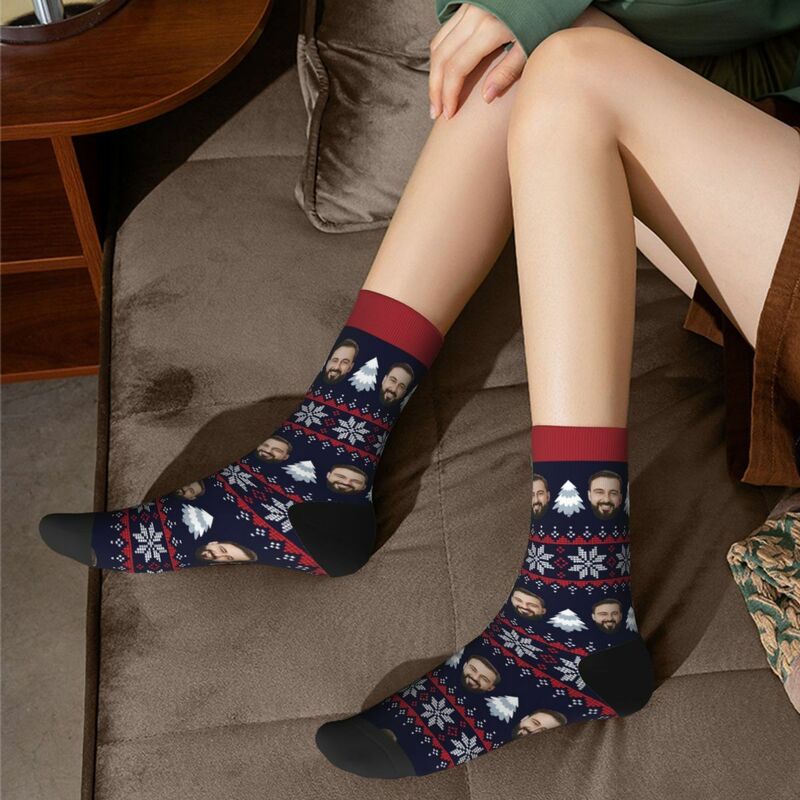 Personalized Face Socks with White Tree and Snowflake Pattern Men's Socks for Christmas