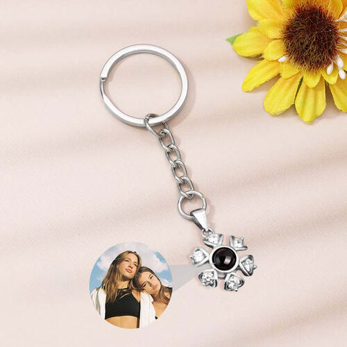 Sterling Silver Personalized Heart Circle Photo Projection Keychain with Diamonds