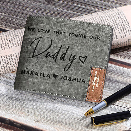 "We Love You Daddy"Men's Custom 2 Names Gray Wallet Christmas Gift