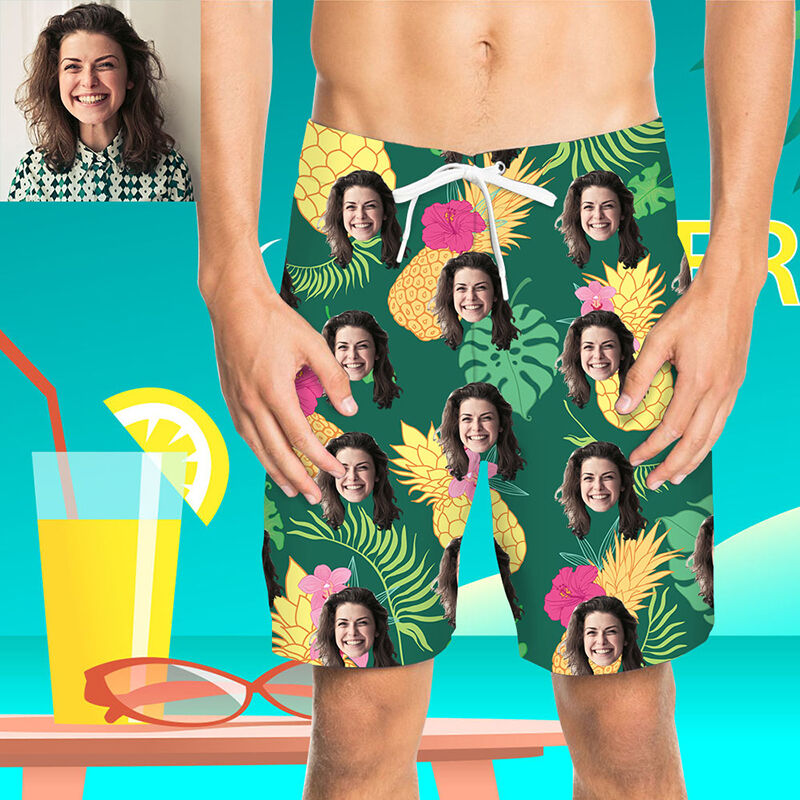 Custom Face Delicious Pineapple Men's Beach Shorts