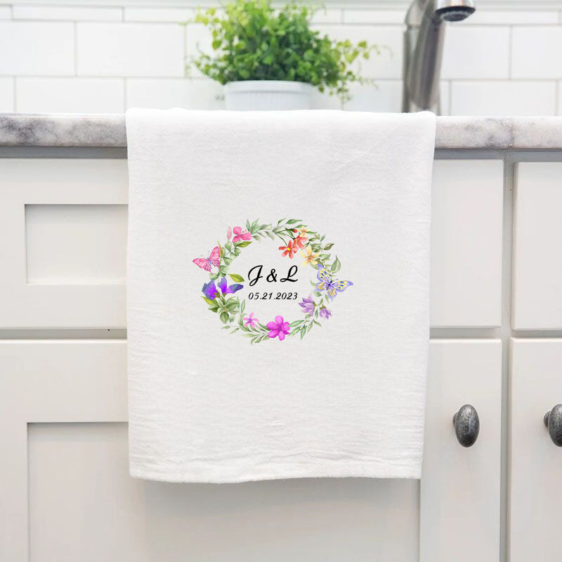 Personalized Towel with Custom Couple Letter and Date Aesthetic Garland Design Gift for Lover