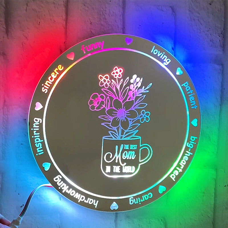 Personalisierte runde Spiegel-Lampe mit Blumenstrauß-Muster Warmes Geschenk zum Muttertag