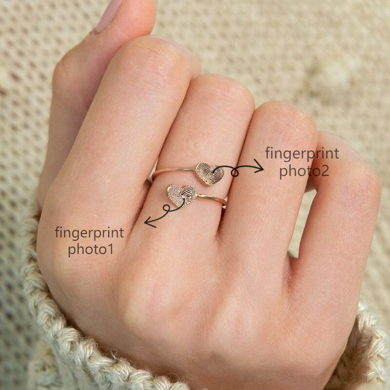 Anillo personalizado de huella dactilar en forma de dos corazones para amor