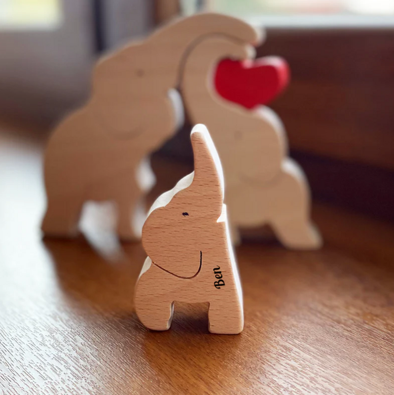 Puzzle en bois personnalisé pour la famille Eléphant Cadeau de Noël chaleureux pour la famille
