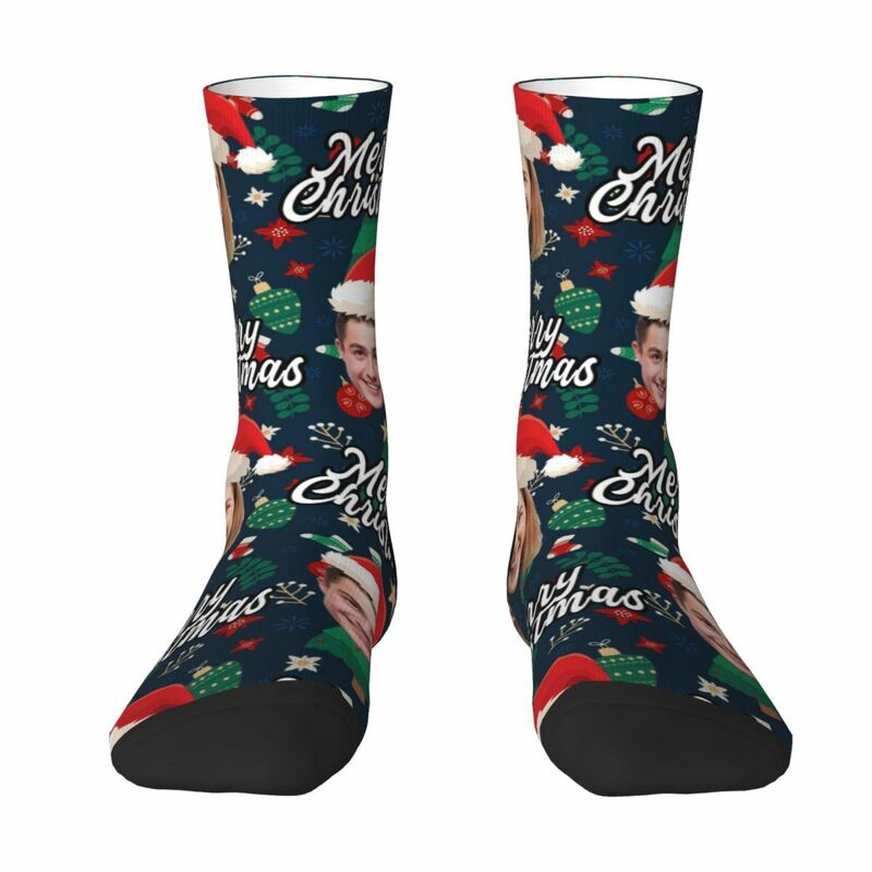 Personalized Face Socks with Santa Hat and Decorative Pattern for Christmas