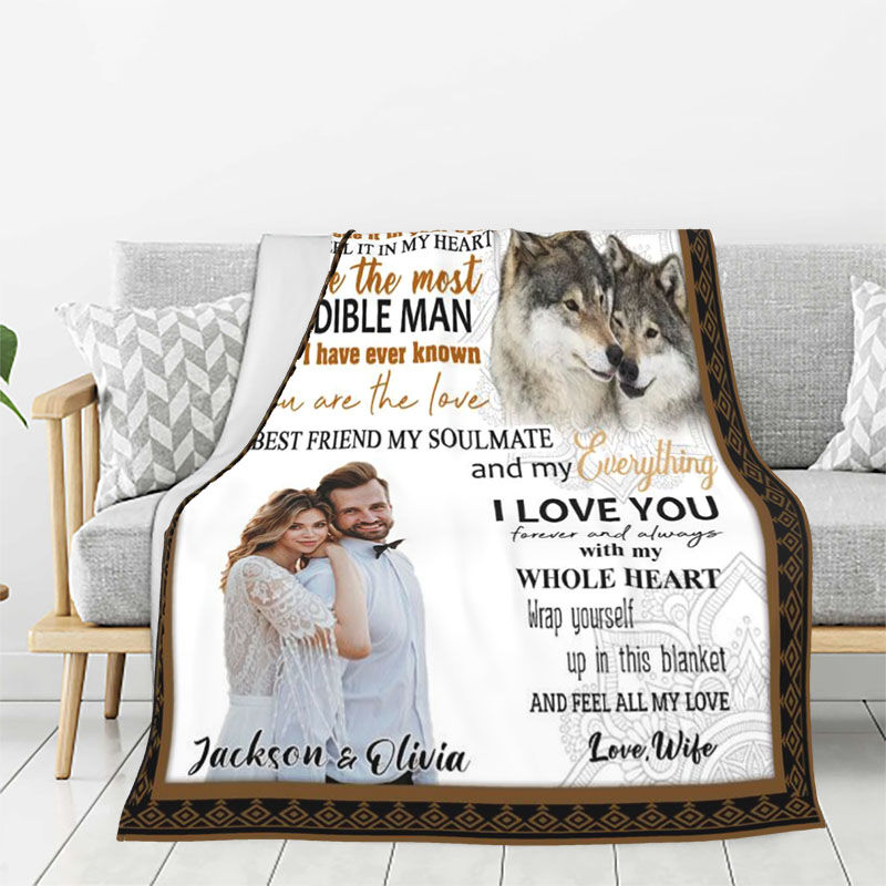 Personalized Picture Blanket with Wolfs Pattern Interesting Gift for Husband