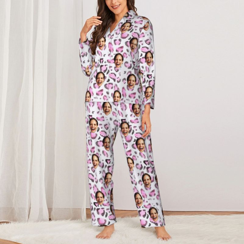 Personalized Pajamas Custom Photo Pinkish Purple Leopard Print Design Exquisite Gift for Her
