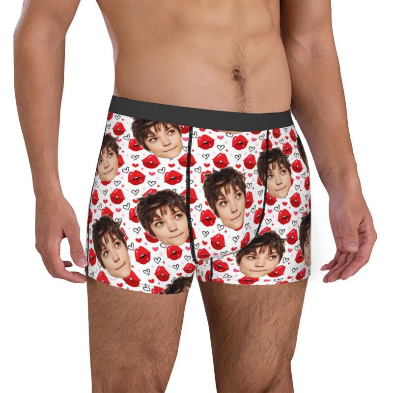Personalized Photo Men's Underwear Boxer Briefs with Red Mouth Pattern Sweet Gift for Boy Friend