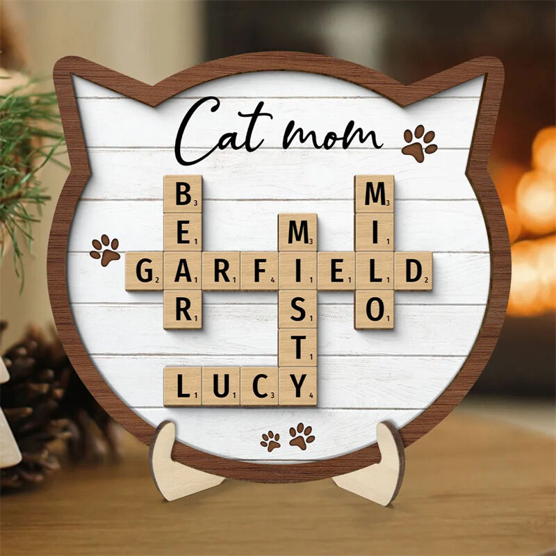 Personalized Scrabble Frame Cat Mom Custom Names Kitten Head Shape Design Perfect Gift for Pet Lovers