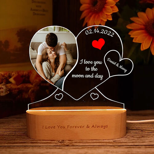 Luci Notturni Personalizzate con Foto e Nome Lampada in Acrilico con doppio Cuore