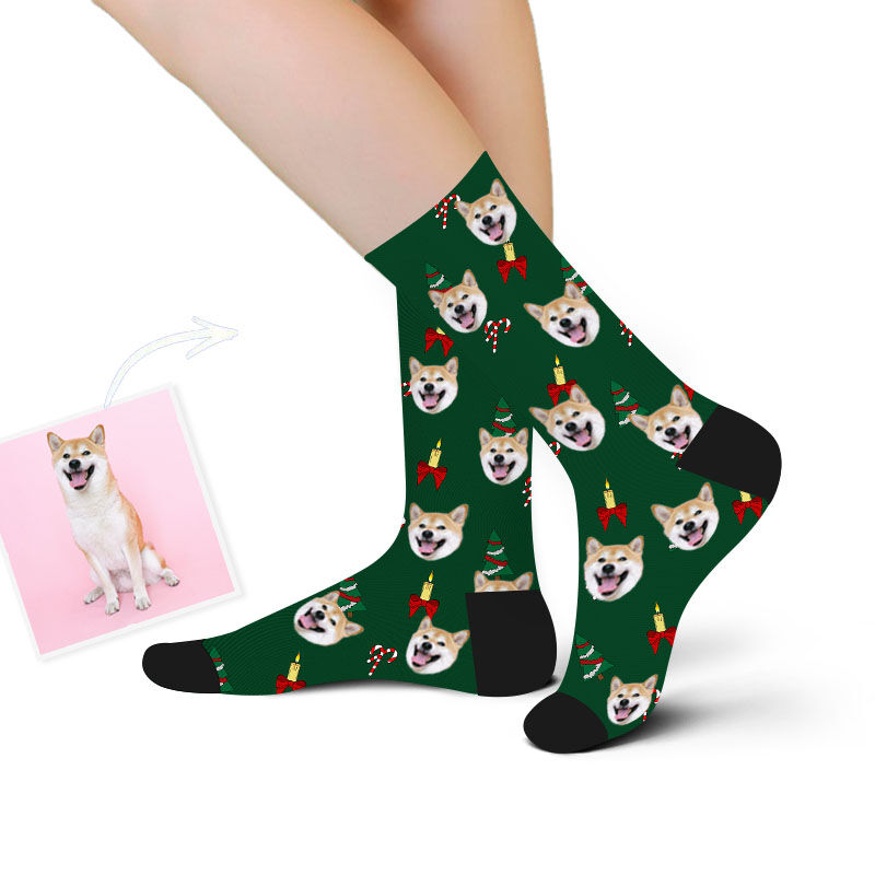 Chaussettes personnalisées avec photo du visage imprimée avec arbre de Noël et bougie pour chien mignon