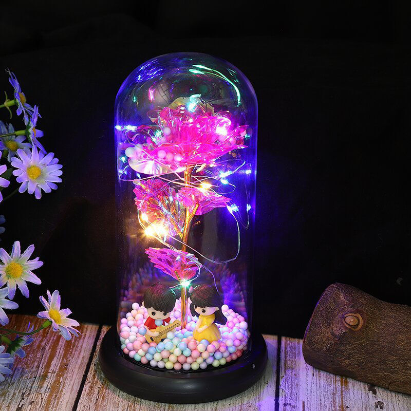Galaxy Rose Glass Lampshade Preserved Flower Rose Playing Guitar Couple Night Light Gift