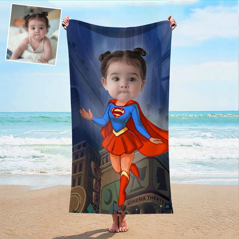 Personalized Photo Bath Towel with Cute Cartoon Character Girl Cool Present for Child
