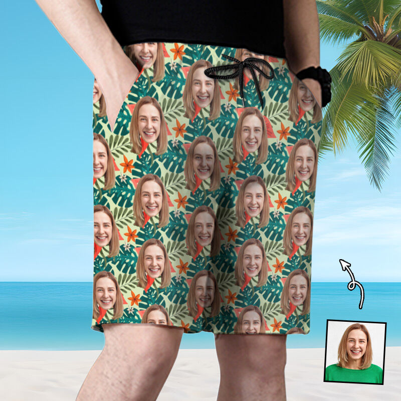 Personalized Picture Men's Beach Shorts with Leaves Pattern Simple Present for Family