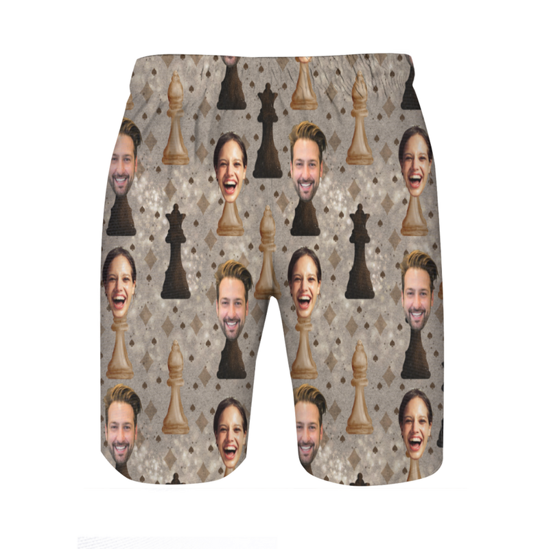 Personalized Picture Men's Beach Shorts with Chess Pattern Creative Present for Boyfriend