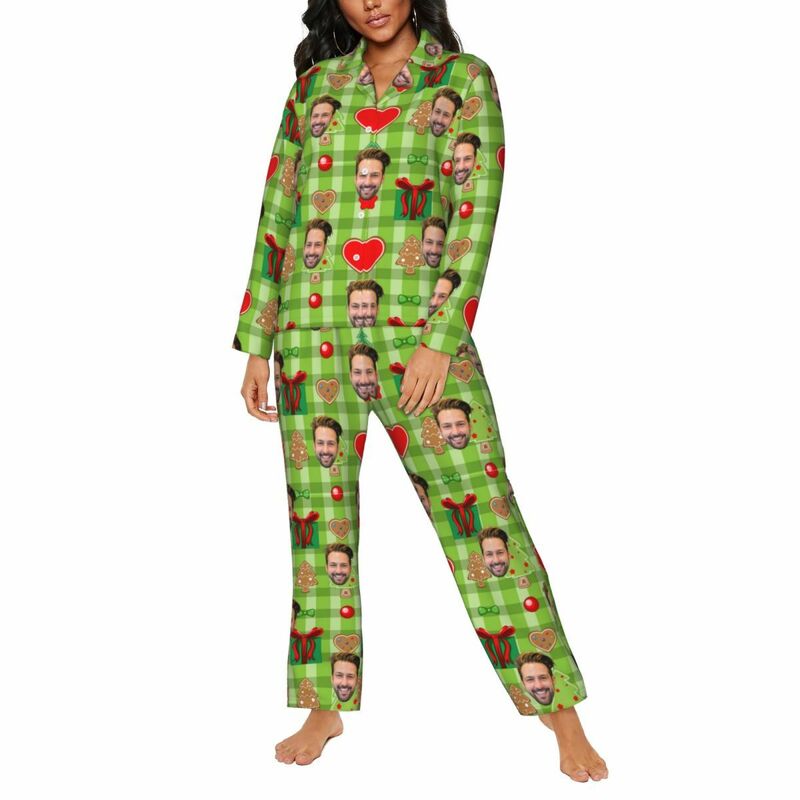 Pyjama personnalisé Photo personnalisée Élément de Noël Icônes Motif de style vert Cadeau pour la famille