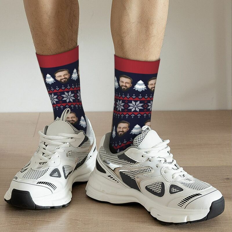 Personalized Face Socks with White Tree and Snowflake Pattern Men's Socks for Christmas