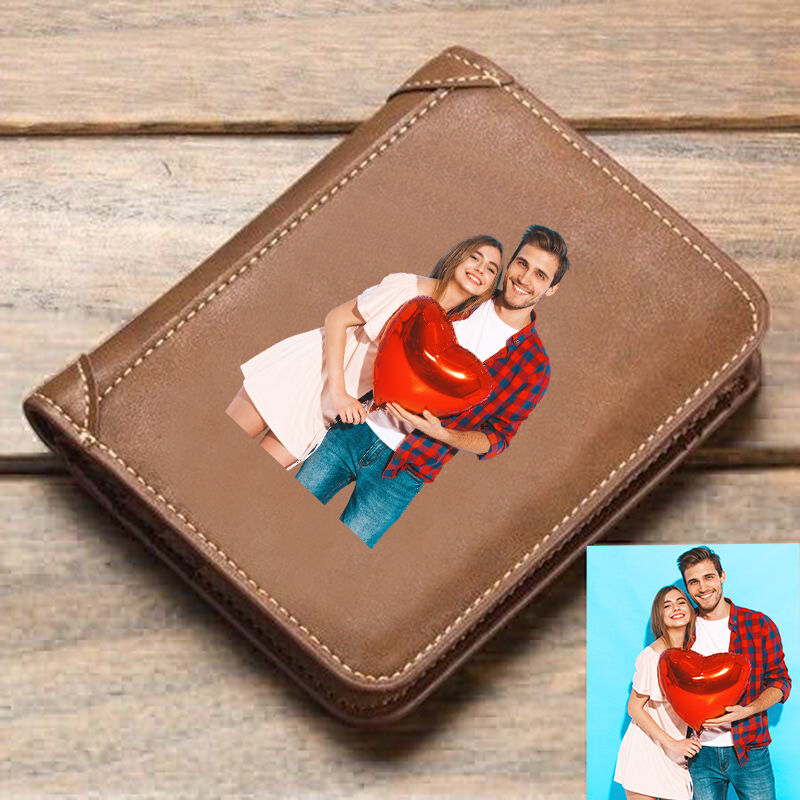 Cartera marrón personalizada con foto coloridas para regalo de pareja