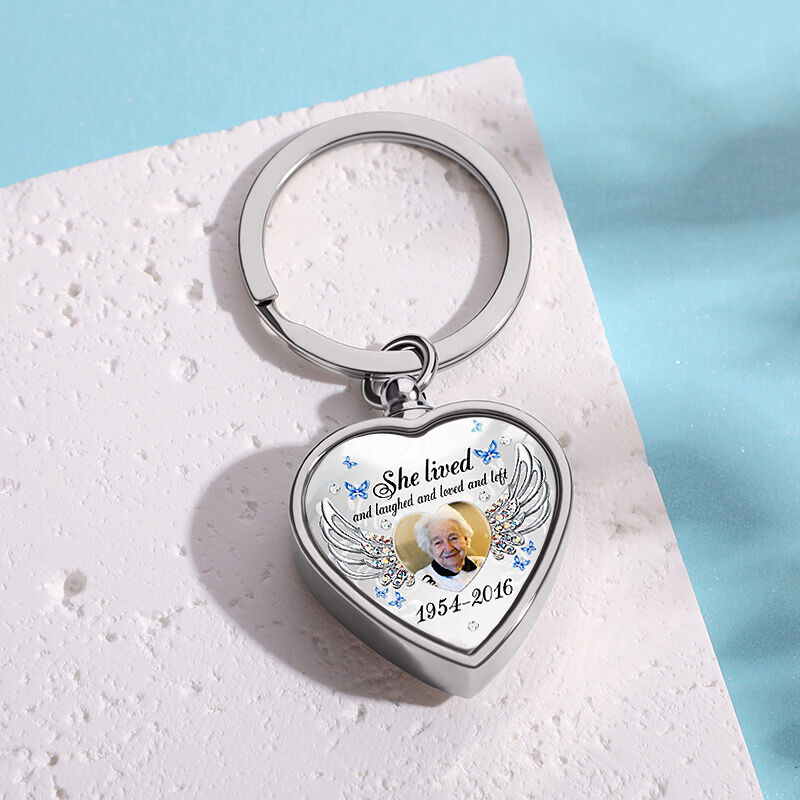 Personalized She Lived And Laughed And Love And Left Memorial Picture Urn Keychain