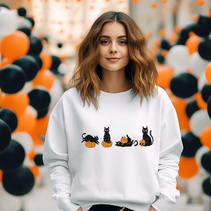 Vibrant Style Sweatshirt with Kitten Pattern Playing With Pumpkin Cute Gift for Halloween