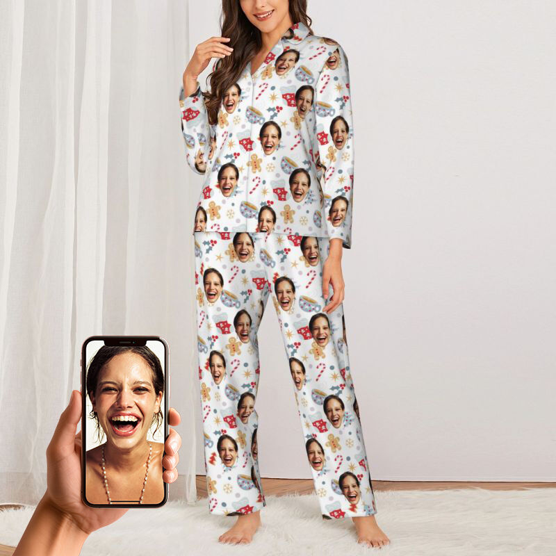 Personalized Pajamas Custom Photo Gingerbread Man Christmas Stocking Tree Design Cute Gift for Her