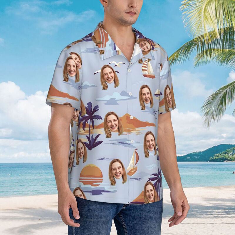 Personlig hawaiisk skjorta med tryck av segling på havet semesterpresent med eget foto för par