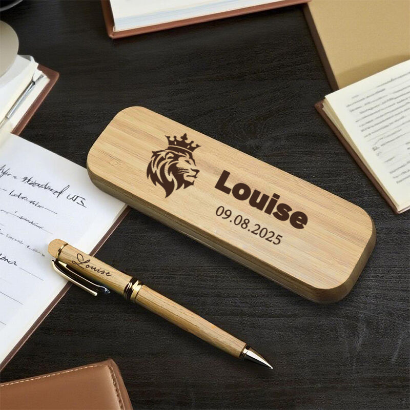 Personalized Pen Wooden Box Elegant Lion King Custom Message Design Perfect Gift for Him Friend