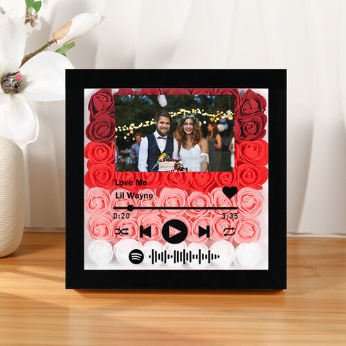 Boîte d'Ombrage Personnalisée avec Fleur Rose et Code Photo&Spotify Cadeau pour les Amoureux