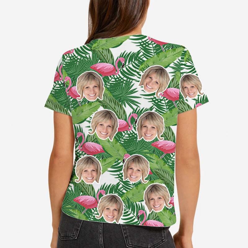 T-shirt "Flamant dans l'herbe" hawaïen pour femme avec visage personnalisé