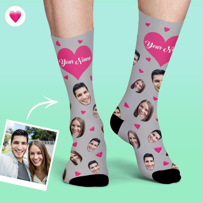 Personalisiertes Gesicht Bild Socken mit Schriftzug & blaue Herzen Warmes Geschenk