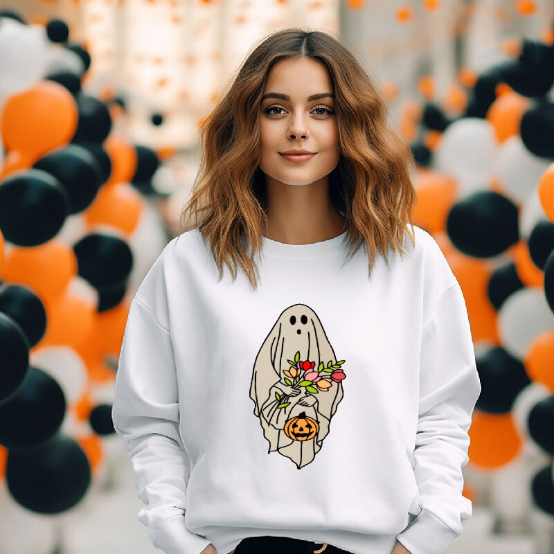 Unique Sweatshirt with Flower Ghost Pattern Bright Halloween Gift