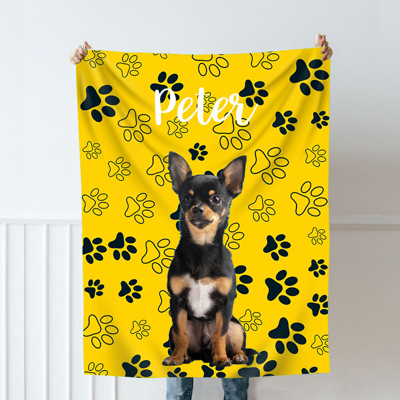 Personalized Photo Blanket with Custom Name And Cute Footprint Pattern Creative Gift for Pet Lover
