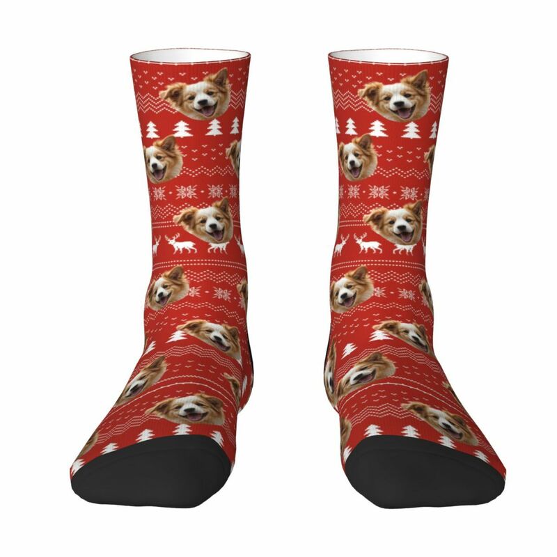 Chaussettes personnalisées pour le visage Chaussettes tricotées rouges avec motif d'élan Cadeau de Noël pour les propriétaires d'animaux de compagnie