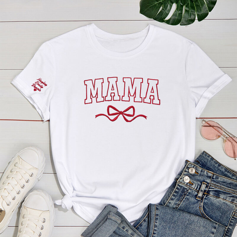 Personalized T-shirt Embroidered Custom Mama Nickname with Bow Design Exquisite Mother's Day Gift