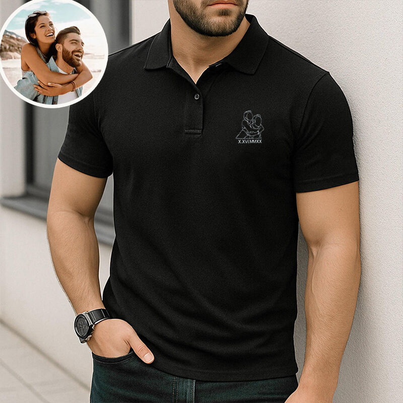 Personalized Picture Embroidered Polo Shirt with Custom Date Romantic Gift for Couples