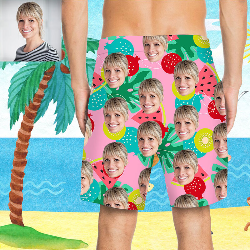 Custom Face Watermelon and Leaves Men's Beach Shorts