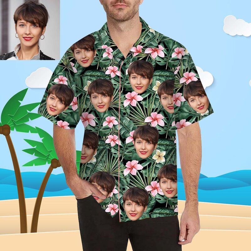 Chemise hawaïenne à impression intégrale pour hommes avec visage personnalisé et fleurs roses