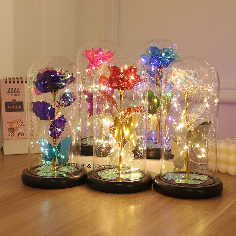 Galaxy Rose Glass Lampshade Preserved Flower Rose Butterfly Decoration Night Light Gift