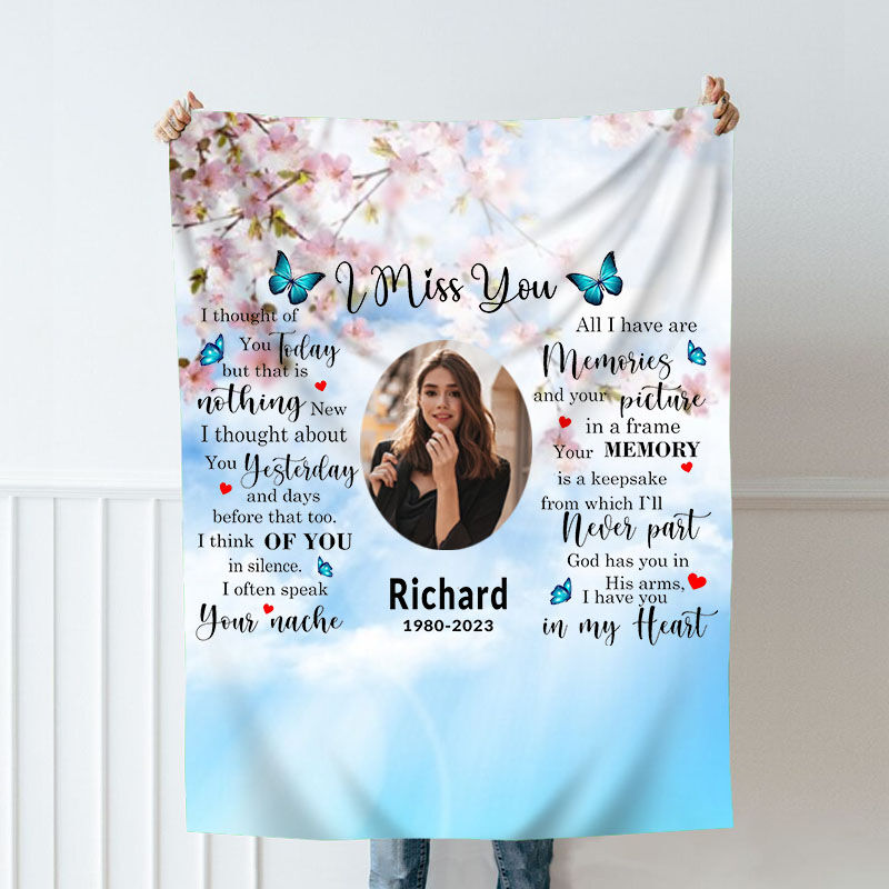 Personalized Picture Blanket with Blue Butterflies And Heart Pattern Beautiful Gift for Favourite Person