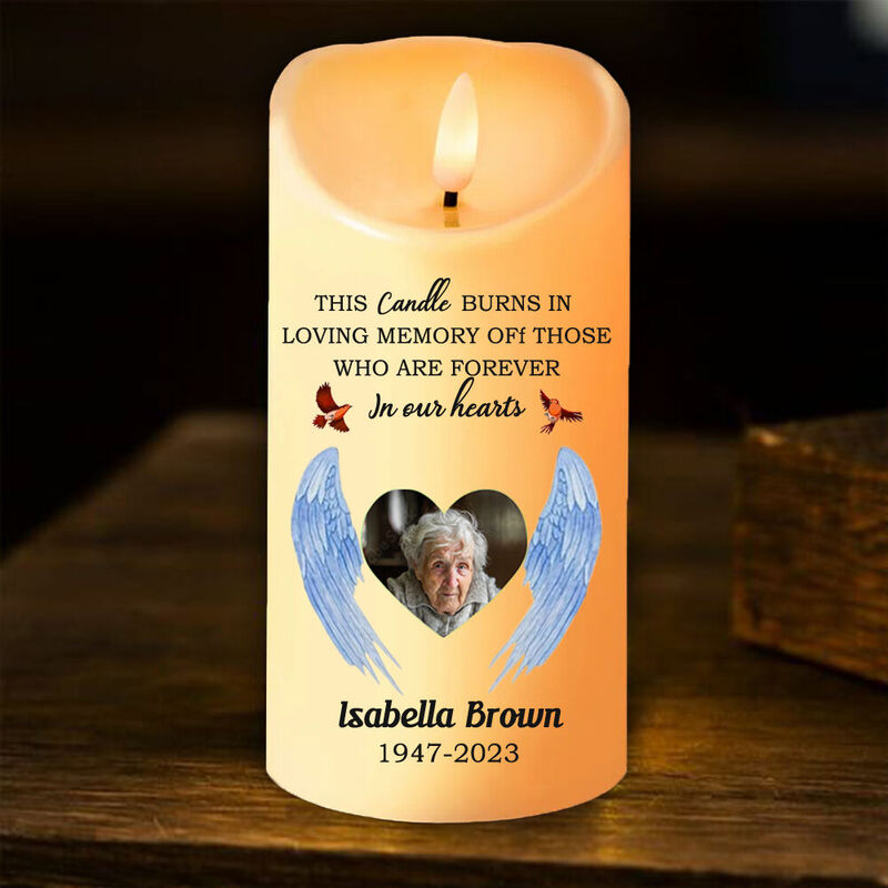 Custom Memorial LED Candle with Blue Wings Add Photo Sympathy Gift for Family Members