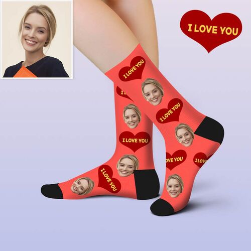 Calcetines personalizados con foto de la cara de corazón rojo con texto I LOVE YOU